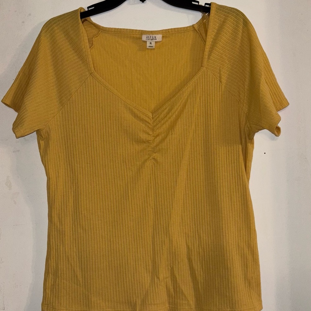 a.n.a Mustard Ribbed V-Neck Blouse